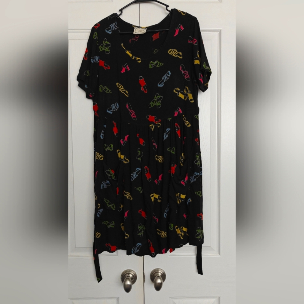 Dressing Clio Colorful Shoe Print Black Dress w/Pockets Size L